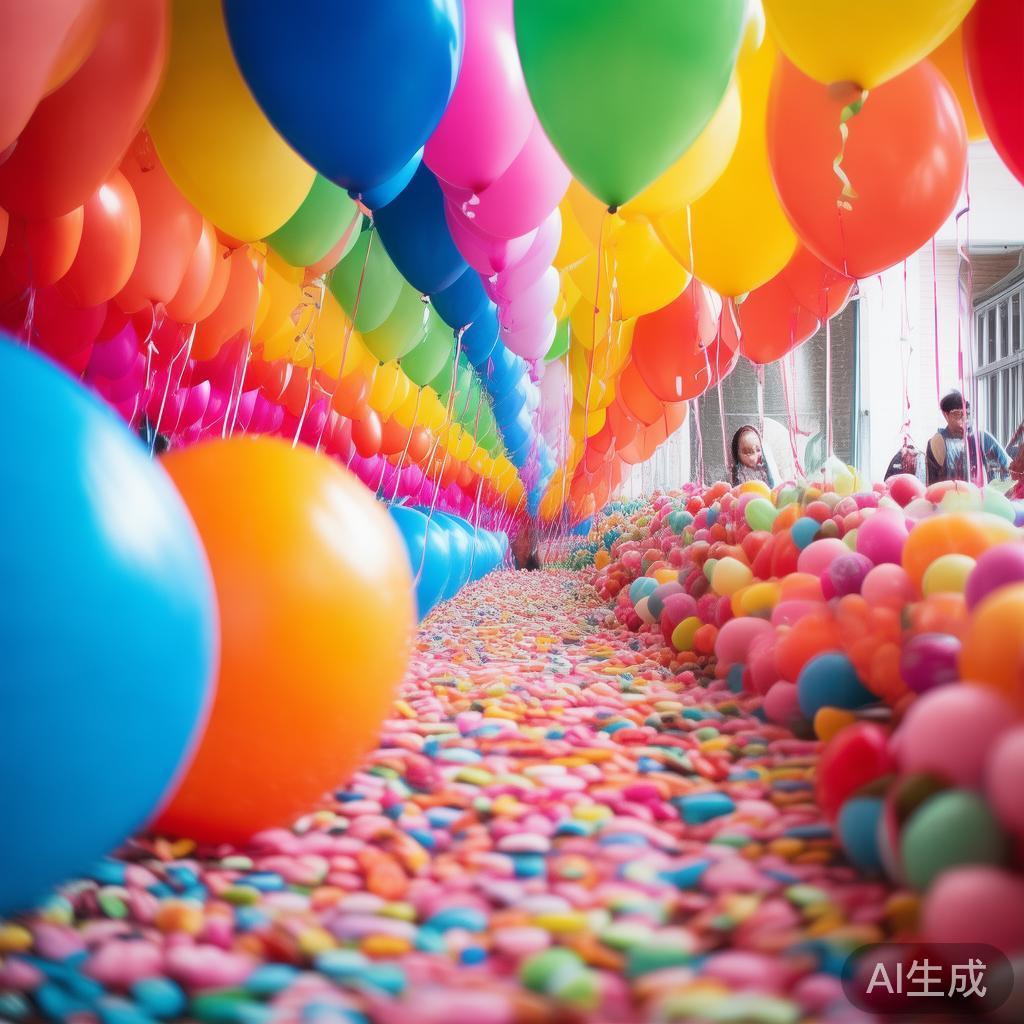 此外，派对上的“彩色气球大道”也令人难忘。五彩缤纷