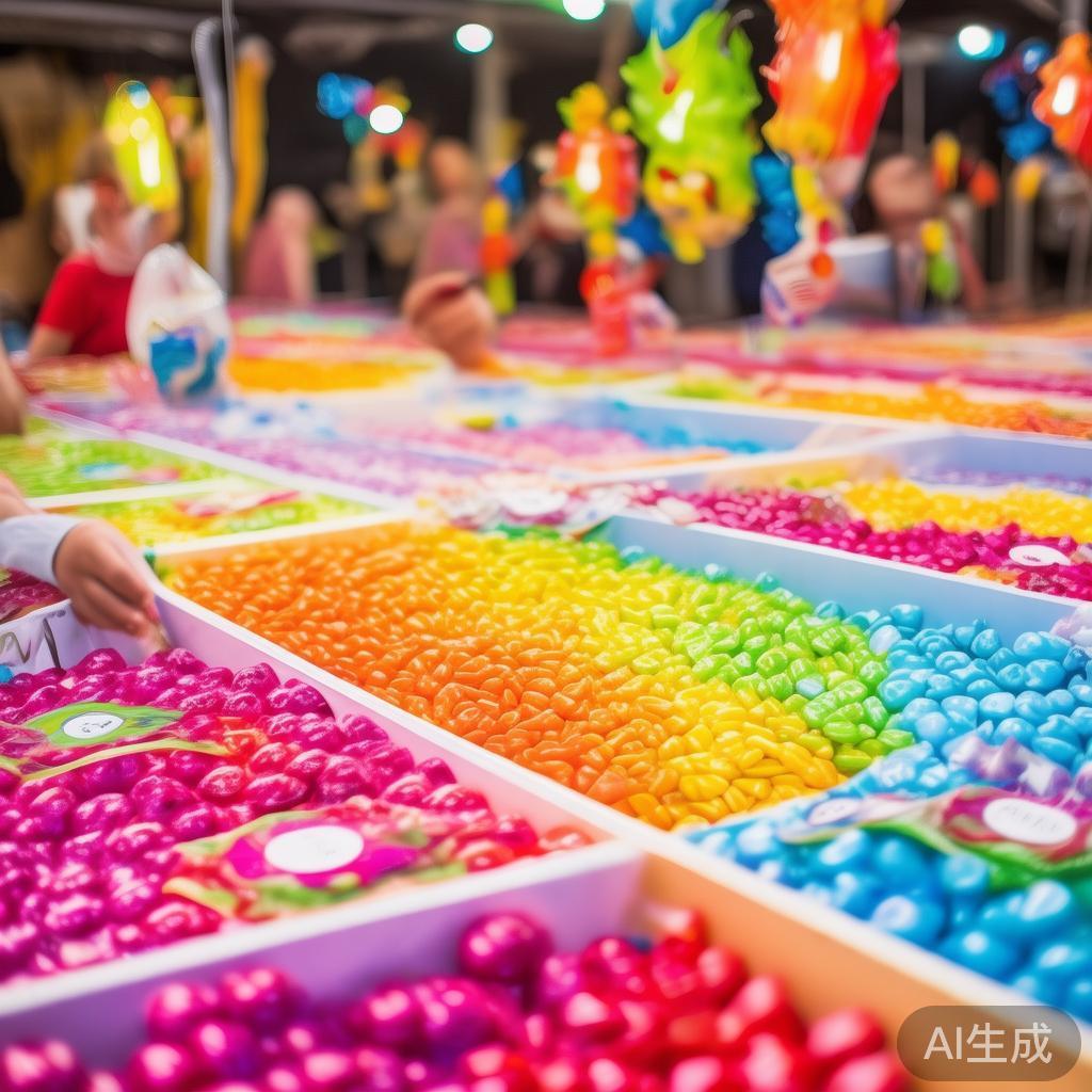 在活动现场布置多个彩色糖果坑，让参与者用小袋子向目