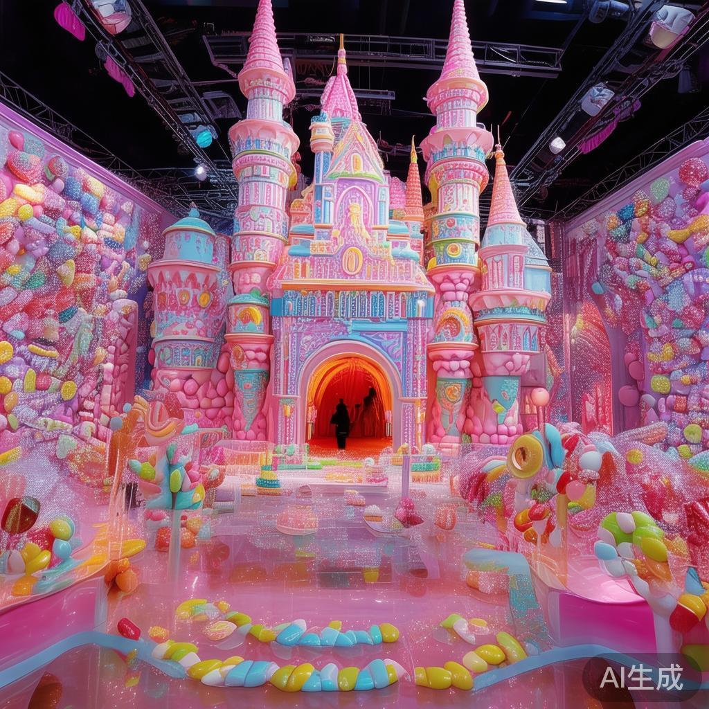 糖果主题拍照区：精美的糖果城堡、五彩缤纷的糖果墙，